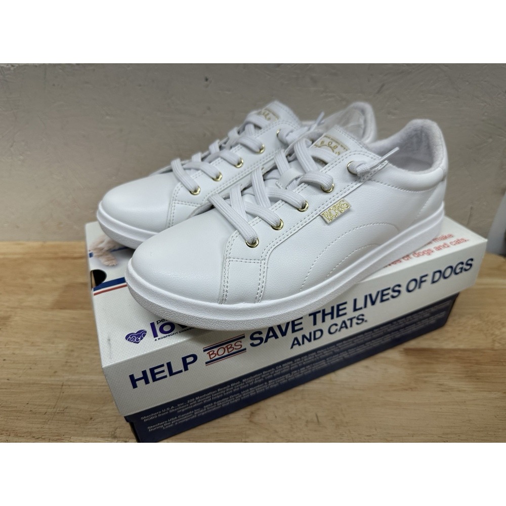 Skechers BOBS White Leather Low Top Lace-Up Shoe Memory Foam 114456/WHT Size 10